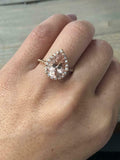 1.6ct Pear Cut Peach Morganite Diamond Halo Rope Band Ring 14k Rose Gold Finish