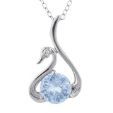 1ct Blue Aquamarine Pendant with Chain Round Cut Swan Design 14k White Gold Over