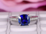 1.6ct Cushion Cut Blue Sapphire Diamond Accent Solitaire Ring 14k WhiteGold Over