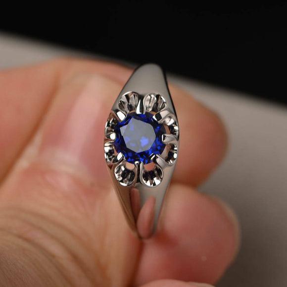 1ct Round Cut Blue Sapphire Floral Solitaire Engagement Ring 14k White Gold Over