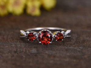 1.5ct Round Cut Red Garnet Engagement Ring Unique Trilogy 14k White Gold Finish