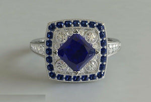 4ct Princess Cut Blue Sapphire Engagement Ring Halo Art Deco 14k White Gold Over