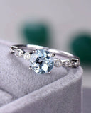 2Ct Round Cut Blue Aquamarine Diamond Accent Engagement Ring 14K White Gold Over