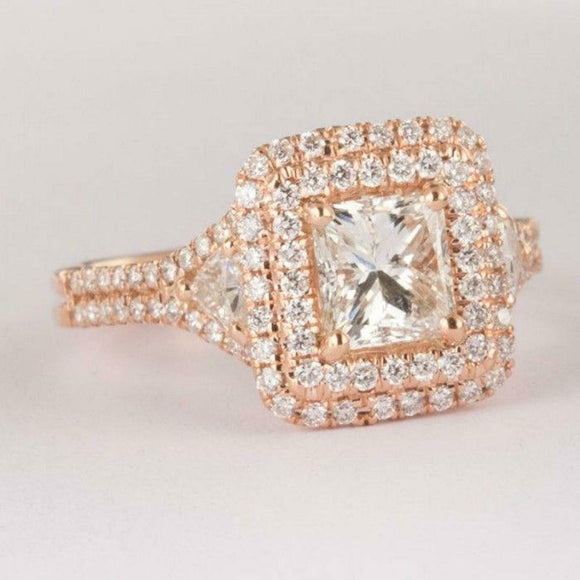 1.92ct Princess Cut Diamond Engagement Ring Dual Halo Iced 14k Rose Gold Finish