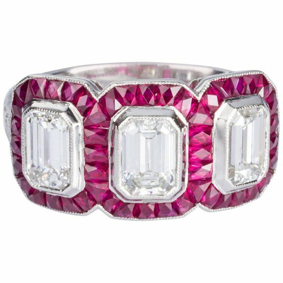 4.5Ct Emerald Cut Diamond Ruby Halo Art Deco Engagement Ring 14K White Gold Over