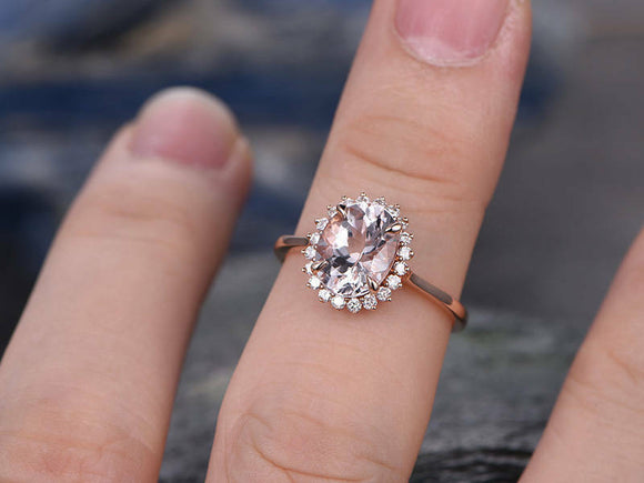 1Ct Oval Peach Morganite Floral Diamond Halo Engagement Ring 14K Rose Gold Over