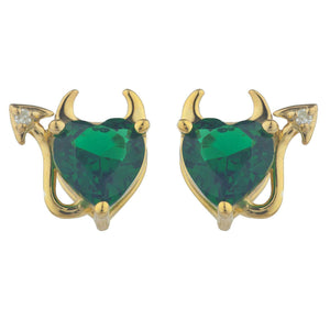 1.5ct Stud Earrings Heart Cut Green Emerald Devil Design 14k Yellow Gold Finish