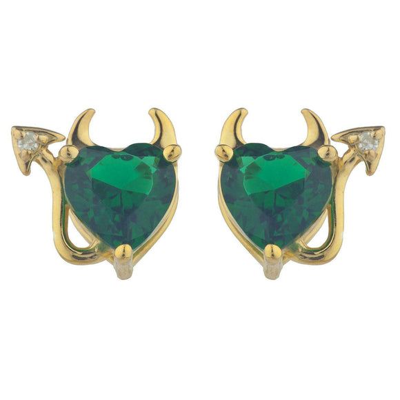 1.5ct Stud Earrings Heart Cut Green Emerald Devil Design 14k Yellow Gold Finish