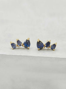 1ct Stud Earrings Pear Cut Blue Sapphire Trilogy Petite 14k Yellow Gold Finish