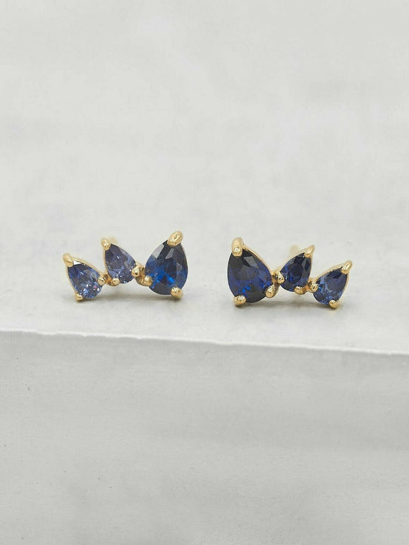 1ct Stud Earrings Pear Cut Blue Sapphire Trilogy Petite 14k Yellow Gold Finish