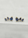 1ct Stud Earrings Pear Cut Blue Sapphire Trilogy Petite 14k Yellow Gold Finish