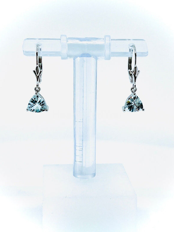 1ct Trillion Simulated Aquamarine Lever Back Drop Earrings 14k White Gold Plated