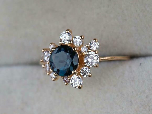 2ct Engagement Ring Round Cut London Blue Topaz Cluster 14k Yellow Gold Finish