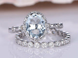 1.7ct Oval Cut Blue Aquamarine Bridal Set Engagement Ring 14k White Gold Finish