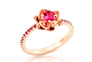 1ct Round Cut Pink Ruby Flower Solitaire with Accent Ring 14k Rose Gold Finish