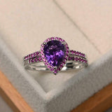 2ct Pear Cut Purple Amethyst Engagement Ring Bridal Set Halo 14k White Gold Over