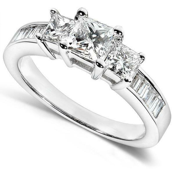 3Ct Princess Cut Diamond Trilogy Engagement Ring with Accent 14K White Gold Over