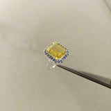 2.7ct Emerald Cut Yellow Citrine Blue Sapphire Halo Ring 14k White Gold Finish