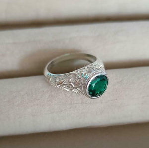 1ct Engagement Ring Round Cut Green Emerald Filigree 14k White Gold Finish