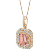 3Ct Emerald Cut Peach Morganite Dual Halo Diamond Pendant 14K Rose Gold Finish