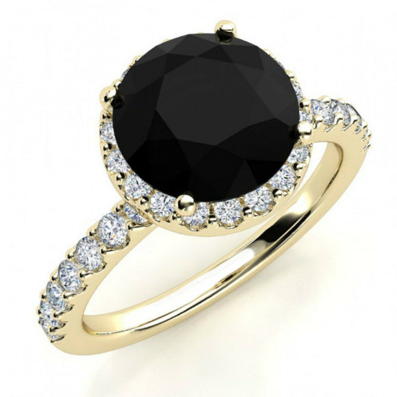 2ct Round Cut Black Diamond Halo Solitaire Engagement Ring 14k YellowGold Finish