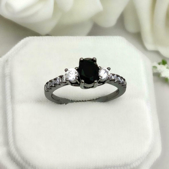 1.5ct Engagement Ring Oval Cut Black Diamond Trilogy Design 14k BlackGold Finish