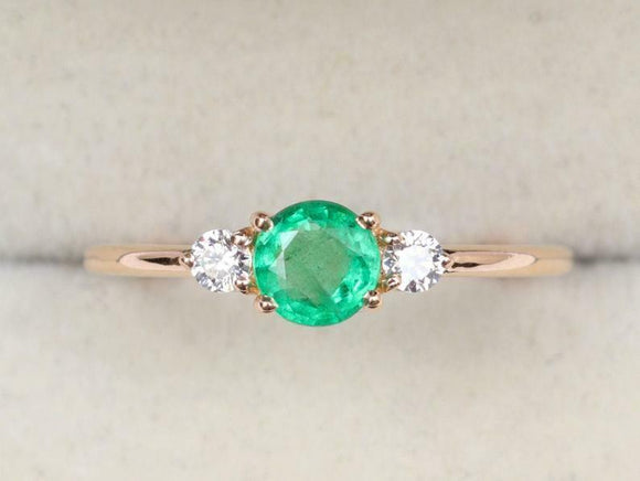 1ct Engagement Ring Round Cut Green Emerald Three Stone 14k Rose Gold Finish