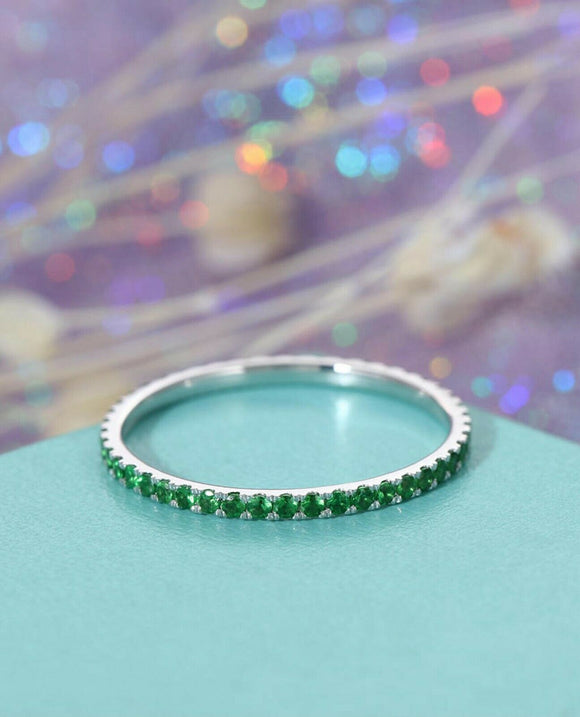 1ct Round Cut Green Emerald Full Eternity Wedding Band Ring 14k WhiteGold Finish