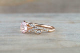 1ct Oval Cut Morganite Engagement Ring 14k Rose Gold Finish Diamond Leaf Accents