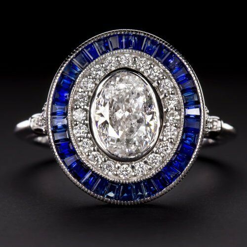 5Ct Oval Cut Diamond Sapphire Halo Art Deco Engagement Ring 18K White Gold Over