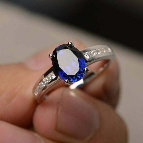 1.5ct Oval Cut Blue Sapphire Engagement Ring 14k WhiteGold Finish Diamond Accent