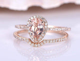 1.9ct Pear Cut Peach Morganite Bridal Set Engagement Ring 14k Rose Gold Finish