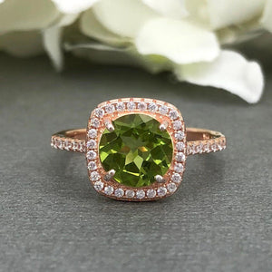 2ct Round Cut Green Peridot Halo Solitaire Engagement Ring 14k Rose Gold Finish