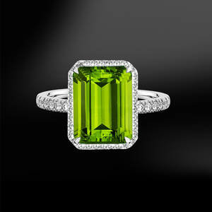 3Ct Emerald Cut Green Peridot Diamond Halo Engagement Ring 14K White Gold Finish