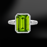 3Ct Emerald Cut Green Peridot Diamond Halo Engagement Ring 14K White Gold Finish