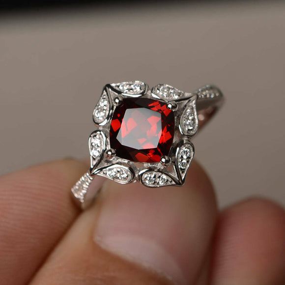 1.5ct Cushion Cut Red Garnet Engagement Ring 14k White Gold Finish Floral Women