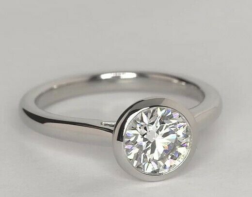 1Ct Round Cut Diamond Bezel Set Solitaire Engagement Ring 14K White Gold Finish