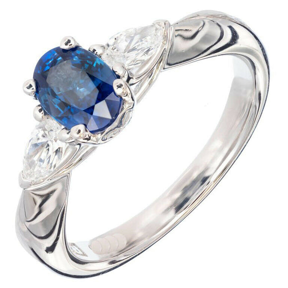 2ct Oval Cut Blue Sapphire Engagement Ring Unique Trilogy 14k White Gold Finish