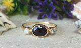 1.3ct Oval Cut Red Garnet Diamond Accent Trilogy Ring 14k Yellow Gold Finish