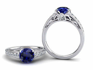 2ct Round Blue Sapphire Solitaire with Accent Milgrain Ring 14k WhiteGold Finish