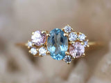 1.8ct Engagement Ring Oval Cut Blue Aquamarine Cluster 14k Yellow Gold Finish