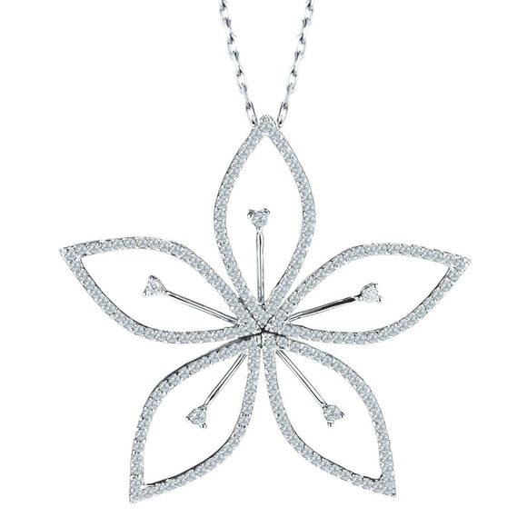 1.5ct Round Cut Diamond Pendant with Chain Flower Design 14k White Gold Finish