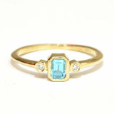 1ct Emerald Cut Aquamarine Bezel Set Trilogy Minimalist Ring 14k YellowGold Over