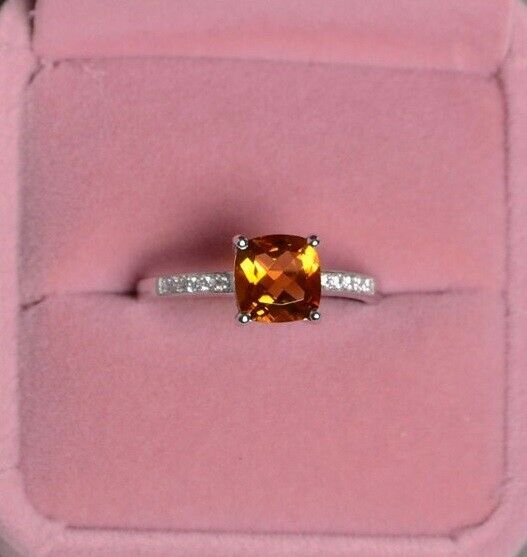 1.2ct Cushion Cut Yellow Citrine Engagement Ring 14k White Gold Finish Solitaire