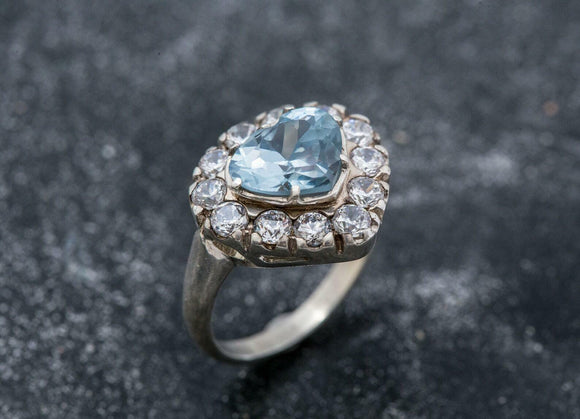 2.2ct Engagement Ring Heart Cut Blue Aquamarine Halo 14k White Gold Finish