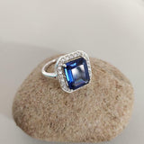 2.2ct Engagement Ring Emerald Cut Blue Sapphire Halo 14k White Gold Finish