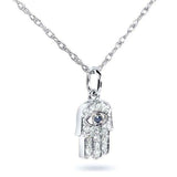 1.5Ct Round Cut Diamond Blue Sapphire Hamsa Pendant Chain 14K White Gold Finish