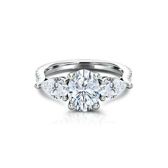 Pear Accents Trilogy Engagement Ring 2ct Oval Cut Diamond 10k White Gold Finish