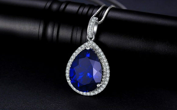 2ct Pear Cut Blue Sapphire Halo Tear Drop Pendant 14k White Gold Finish NO CHAIN