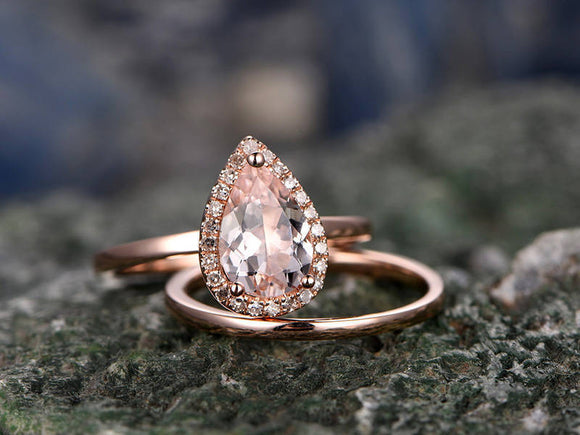 1Ct Pear Cut Peach Morganite Bridal Set Halo Engagement Ring 14K Rose Gold Over